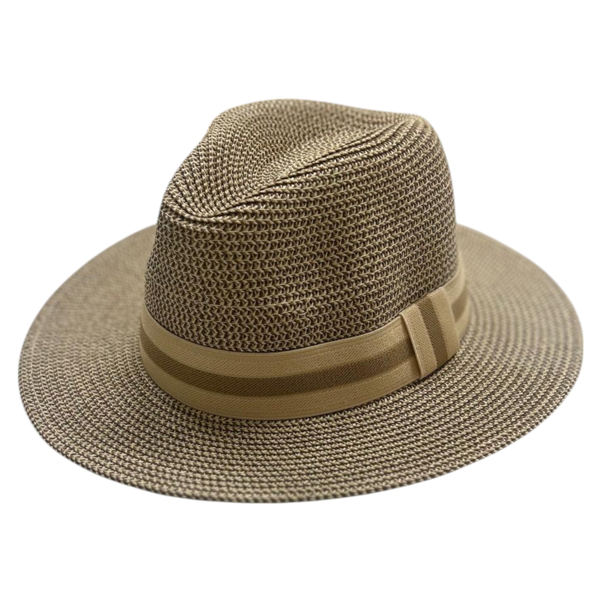 Nicky Adams men's woven Panama-style hat with wide brim and beige striped band – breathable summer sun hat for holidays, travel, and countrywear fashion.